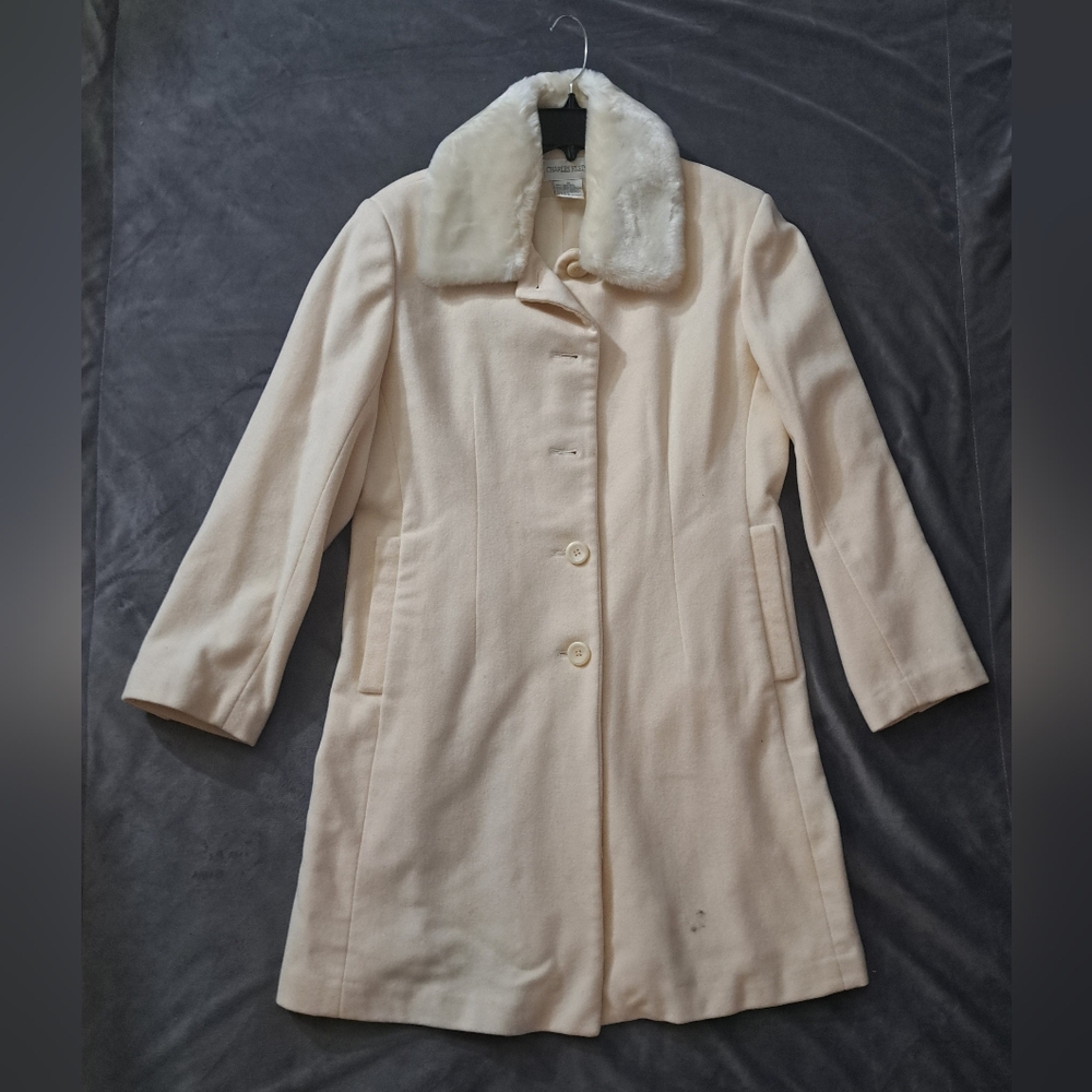 Charles Klien - White Cream Women's Coat with Faux Fur Collar